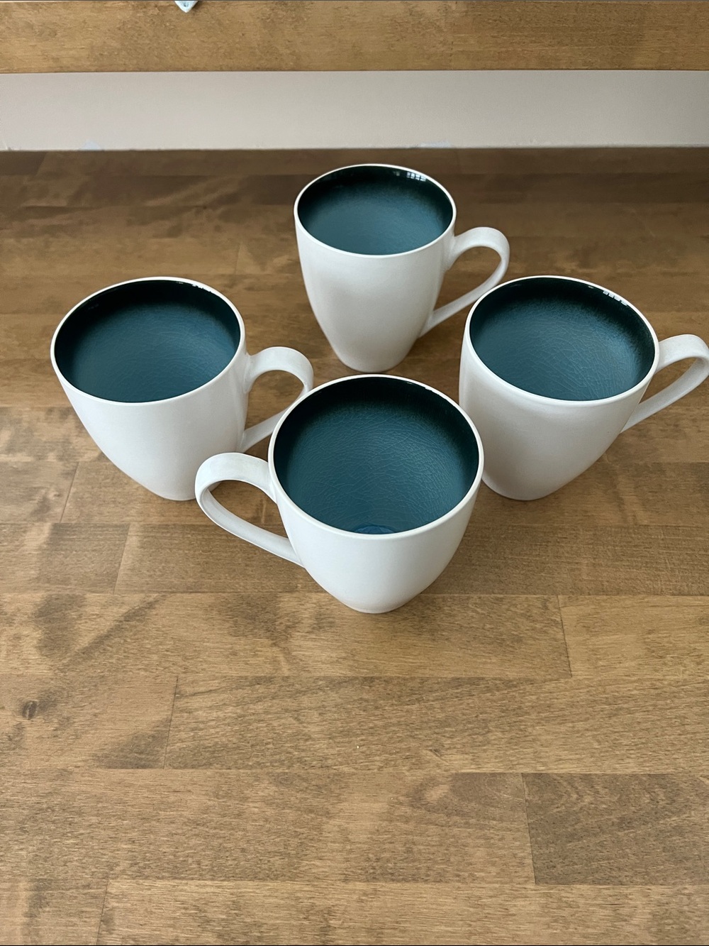 West Elm Ivory Ceramic Mugs with Deep Blue Crackle  Fade Interior - Set/4